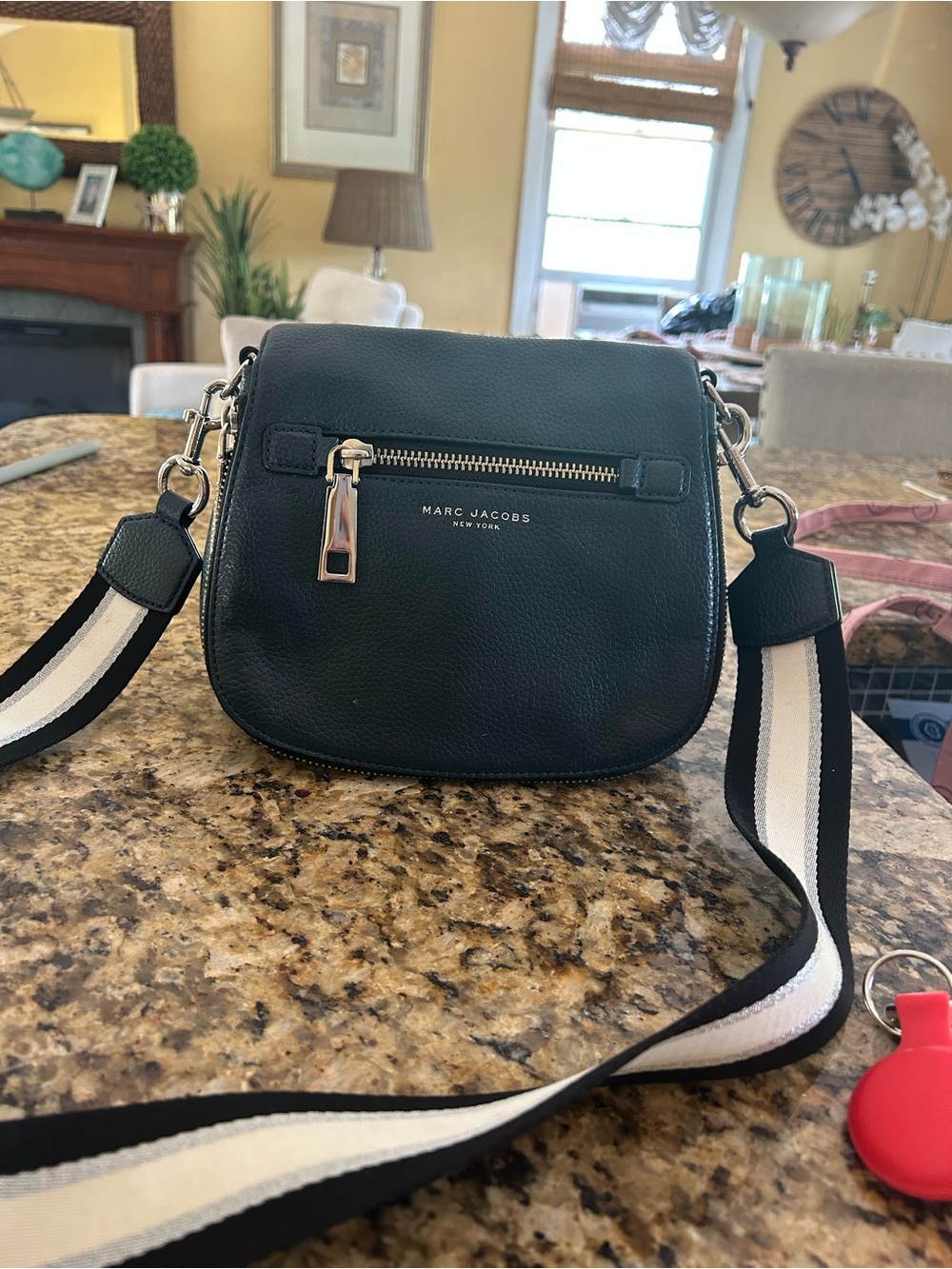 Marc Jacobs Black Leather Crossbody with Black-and-White Stripe Strap